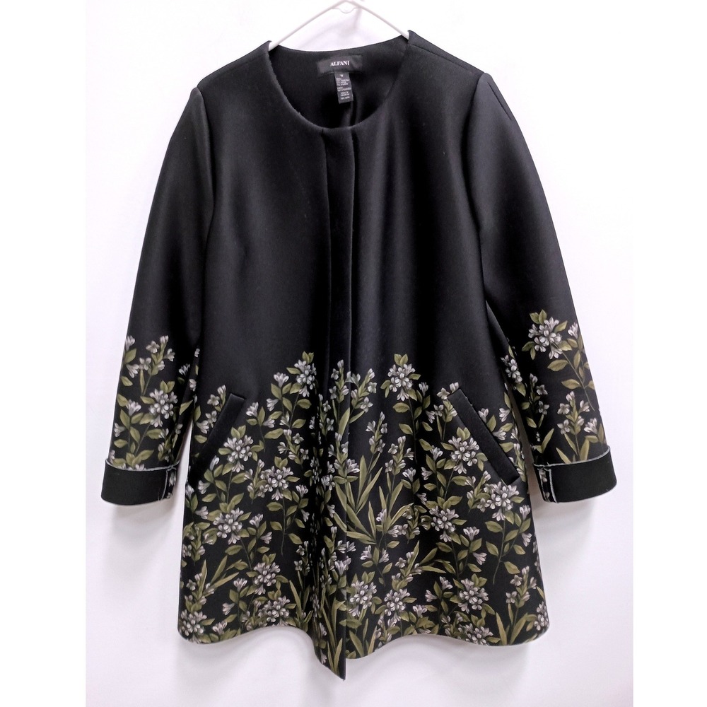 Alfani Open Front Topper Coat Womens Medium Black Floral Scuba Knit Jacket